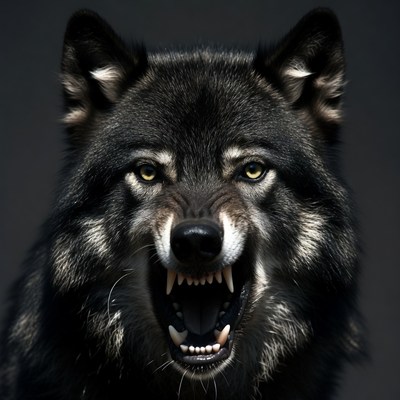 Wolf showing teeth in dark setting