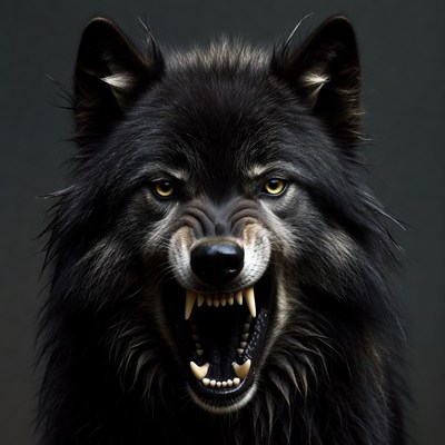 Black wolf snarling in studio setting