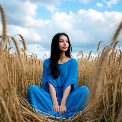 Woman seated in wheat field