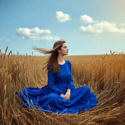 Woman in field wearing blue dress