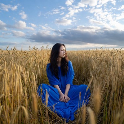 Woman in blue dress in wheat field