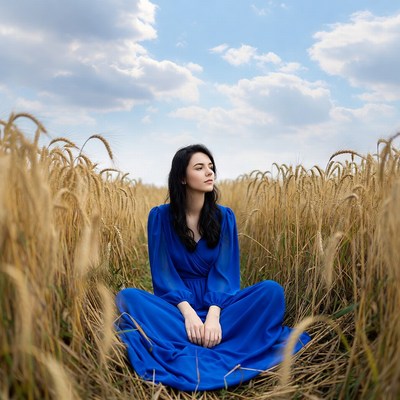 Woman seated in wheat field