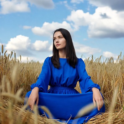 Woman sitting in wheat field