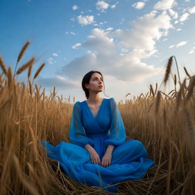 Woman in blue dress in wheat field