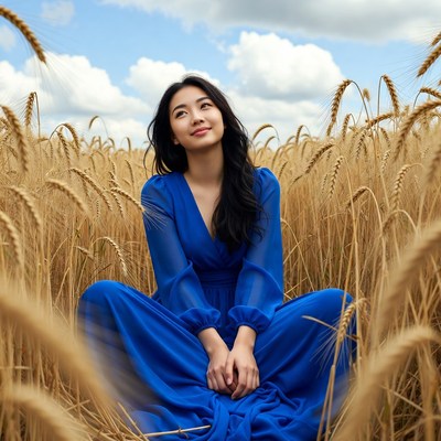 Woman in blue dress among wheat field