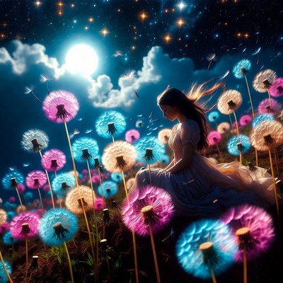 Girl among colorful dandelions at night