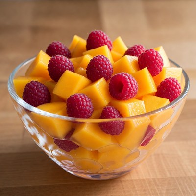 Fresh mango and raspberry bowl on wood
