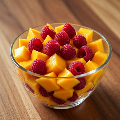 Mango and raspberry fruit bowl in glass