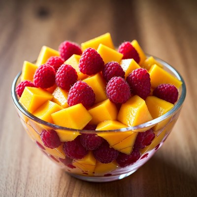 Fresh fruit bowl with mango and raspberries