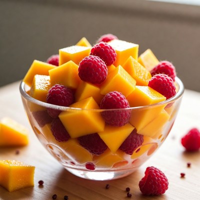 Fresh fruit bowl with mango and raspberry