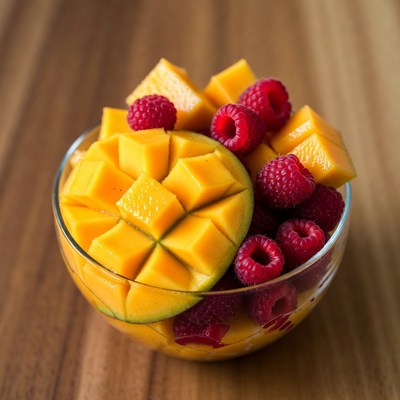 Fruit bowl with mango and raspberries
