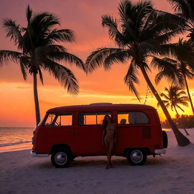 Woman by a van at sunset