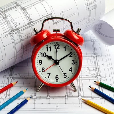 Alarm clock with blueprints and colored pencils