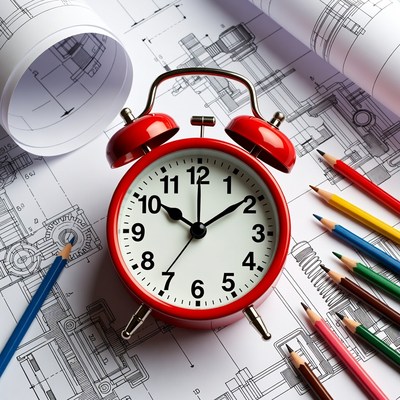 Clock on technical drawings with pencils