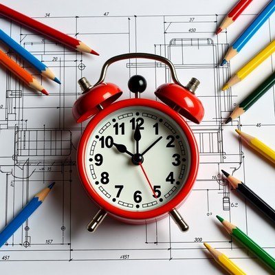 Clock on blueprint with colored pencils