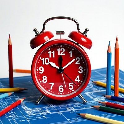 Red clock on blueprint with colored pencils