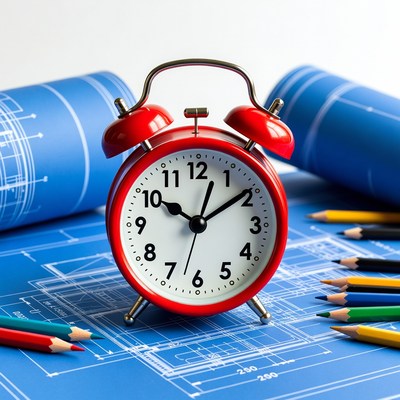 Clock on blueprints with pencils