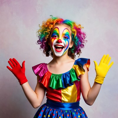 Clown girl in colorful outfit smiles