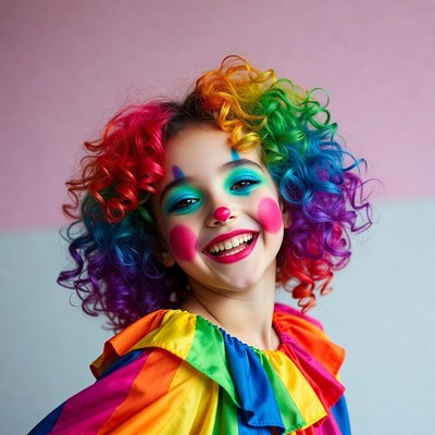 Child in clown costume smiles brightly