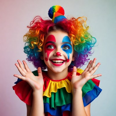 Child clown with colorful hair smiles