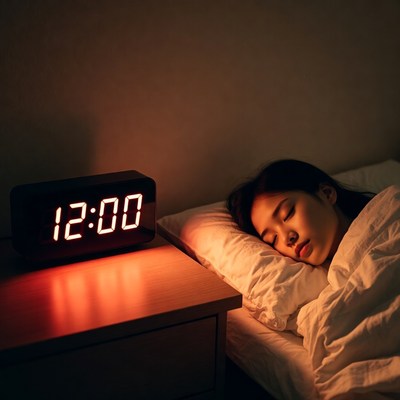 Woman sleeping at midnight near clock
