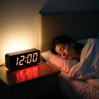 Sleeping woman with clock at midnight