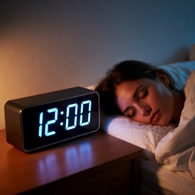 Woman sleeping next to clock at night