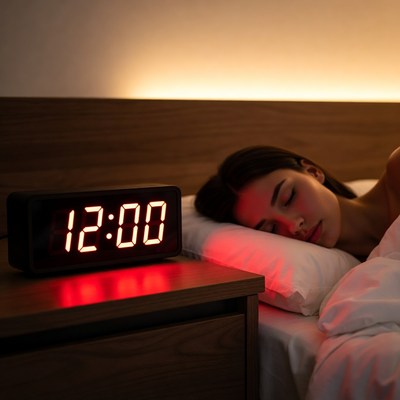 Woman sleeping next to digital clock