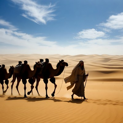 Camel caravan travels through desert sands