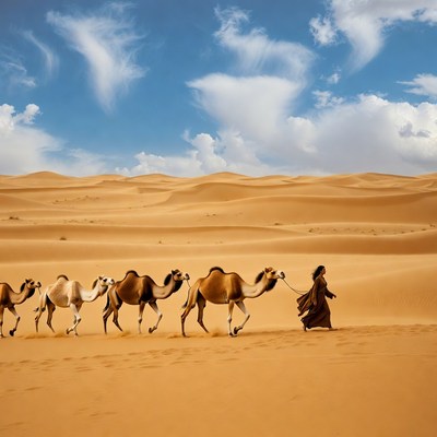 Camels in the desert with a guide