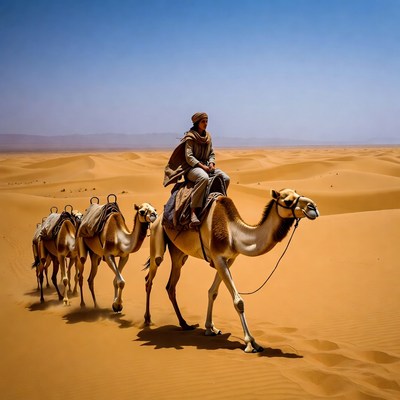 Camel caravan crosses desert sand dunes