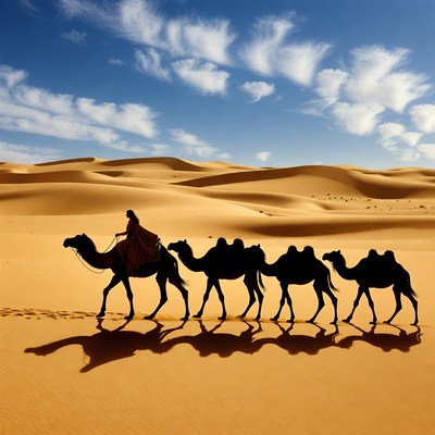 Camels walking through desert sands