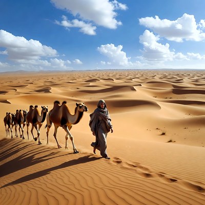 Camels walk through desert sands