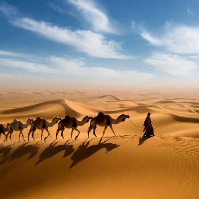 Camel caravan crosses the desert landscape