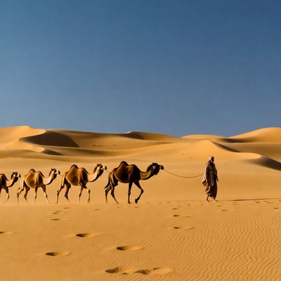 Camels walking in the desert