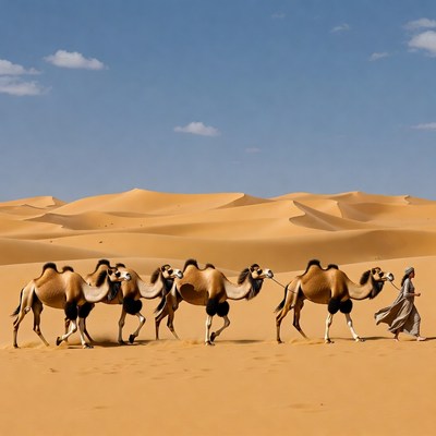 Camels walking in desert sands