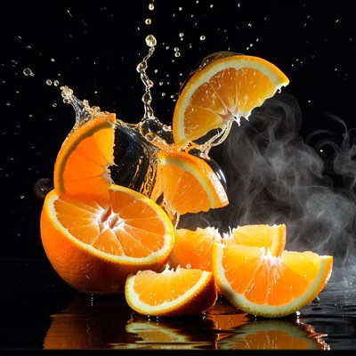 Orange slices splash on black background