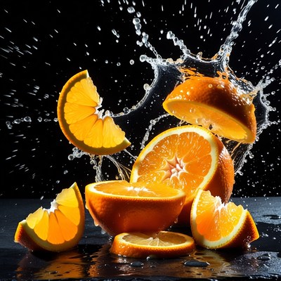 Fresh oranges splashing in water