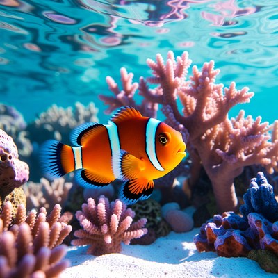 Colorful clownfish swimming near coral reef