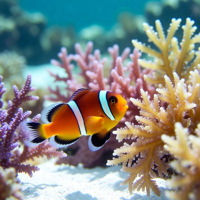 Clownfish among coral in ocean