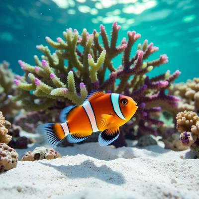 Clownfish swims in coral reef