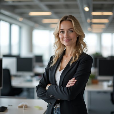 Woman stands confidently in modern office