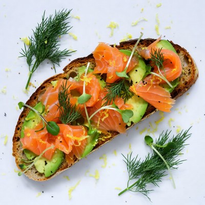 Toast with salmon and avocado toppings