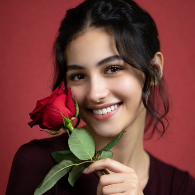 Woman holds red rose smiling
