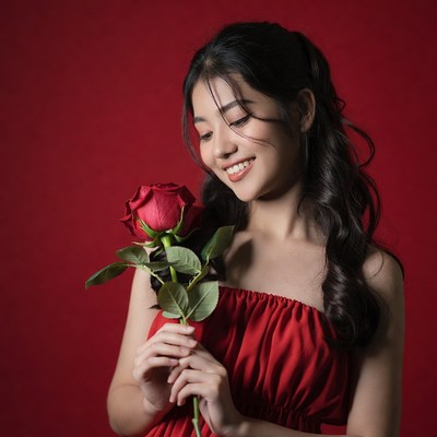 Woman with red rose in studio