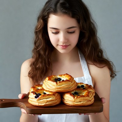 Girl holds tray of baked goods