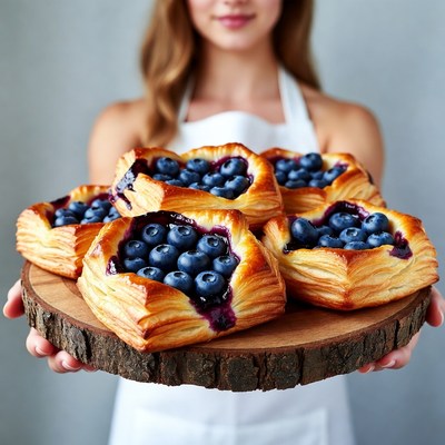Freshly baked blueberry pastries on display