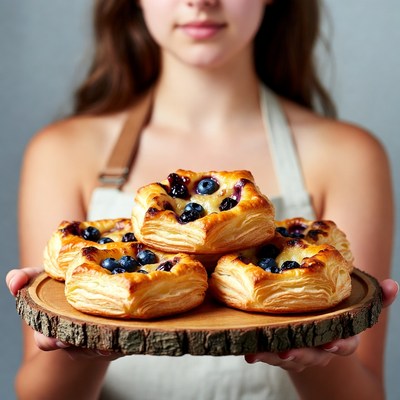 Baker holds fresh pastry plate