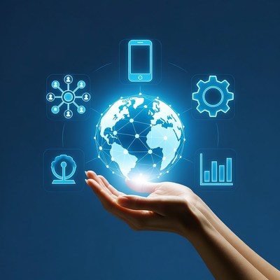 Hand holding blue graphic world with icons