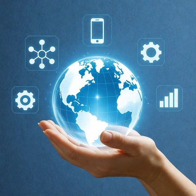 Hand holding a digital globe representation